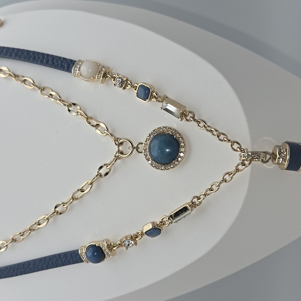 White House Black Market WHBM Gold and Blue Leather Layered Necklace